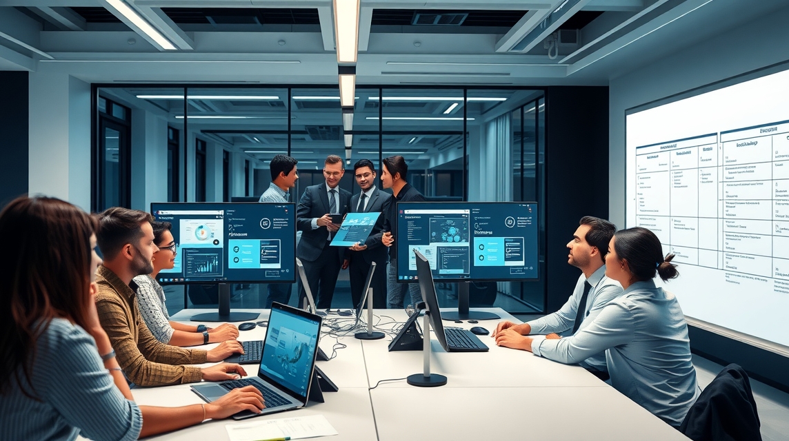 Skupina profesionálov diskutuje a prezentálna v modernom kancelárskom prostredí.