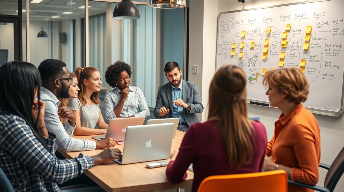 Skupina šiestich profesionálov diskutuje na pracovnej porade s laptopmi a poznámkami.