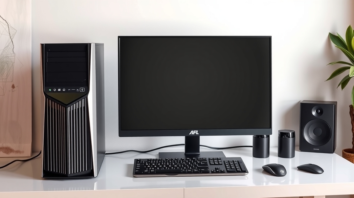 Moderný počítačový stôl s čiernym desktopom, monitorom a perifériami.