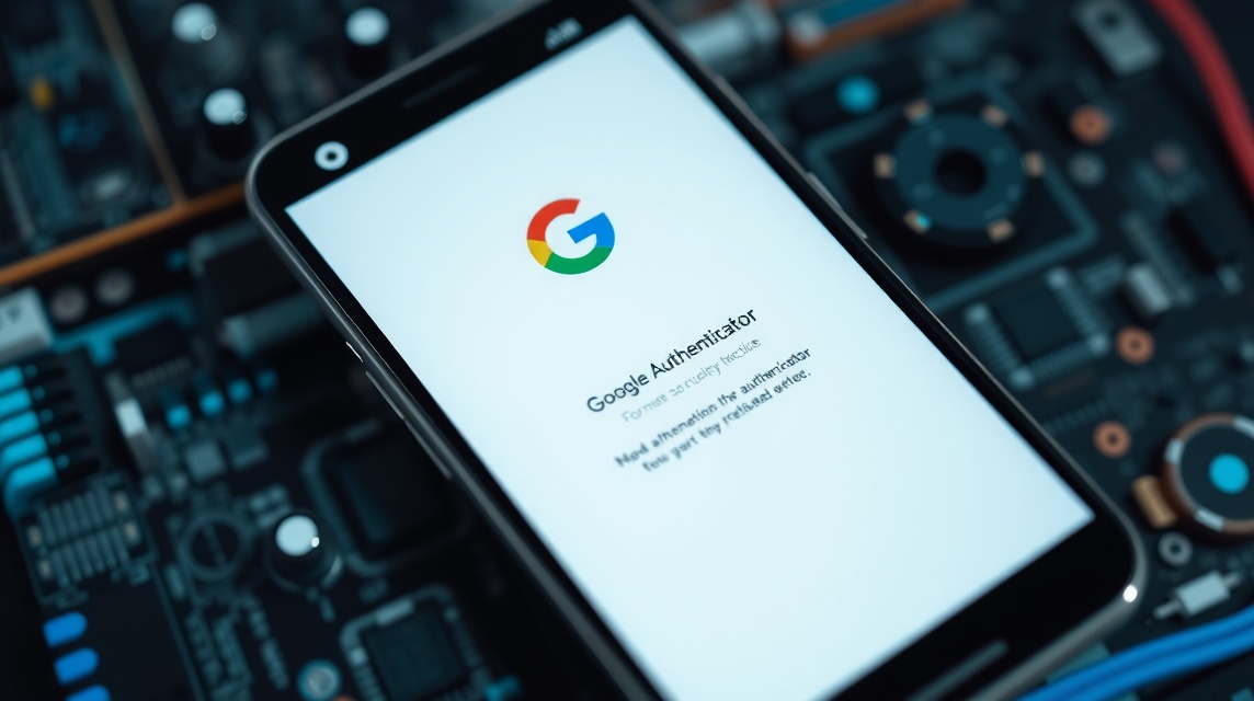 Mobilný telefón zobrazuje aplikáciu Google Authenticator na technickej doske.