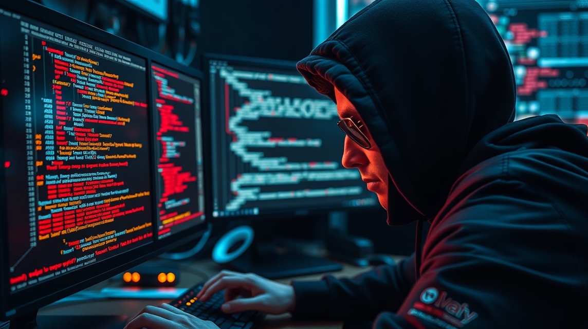 Mladý hacker v kapucni pracuje na počítači s kódom na obrazovkách.