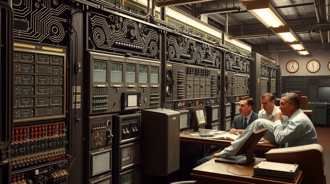 Muži pracujúci pri starom počítačovom systéme s množstvom ovládacích panelov.