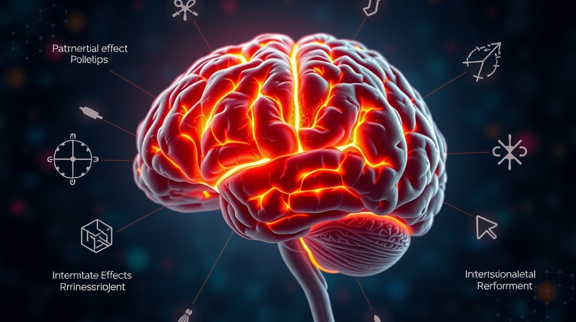 3D ábrázolás egy emberi agyról, világító idegsejtekkel és szimbólumokkal.