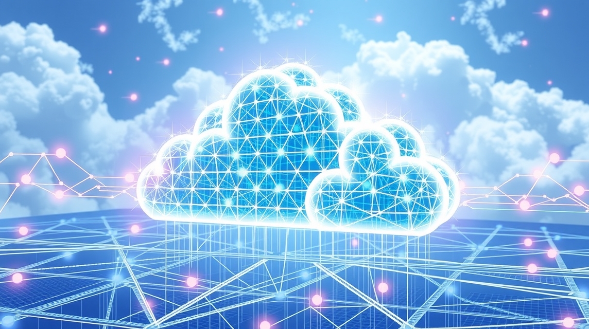 Digitálna cloudová technológia, modré obláčiky s geometrickými vzormi.