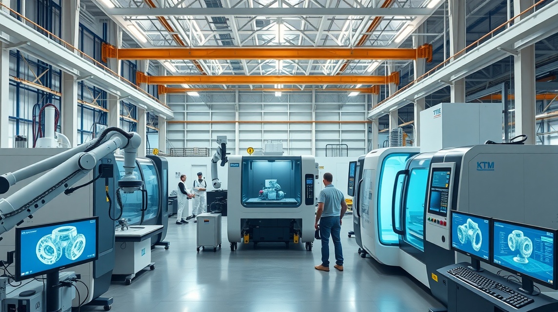 Moderná výrobná hala s CNC strojmi a robotickými ramenami.