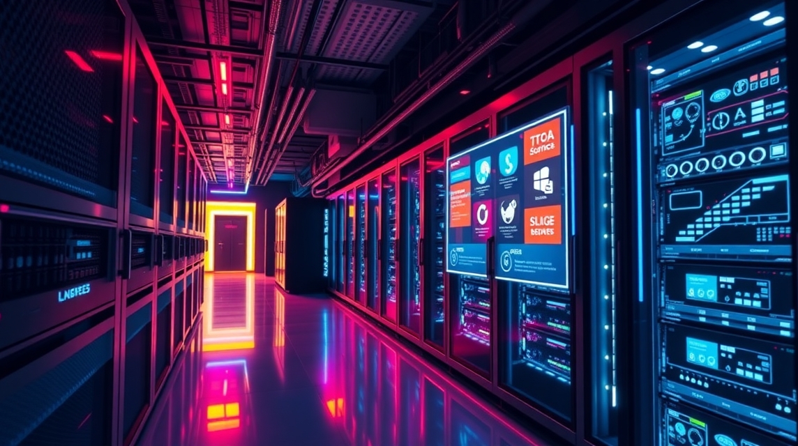 Moderná serverová miestnosť s farebným osvetlením a technológiou.