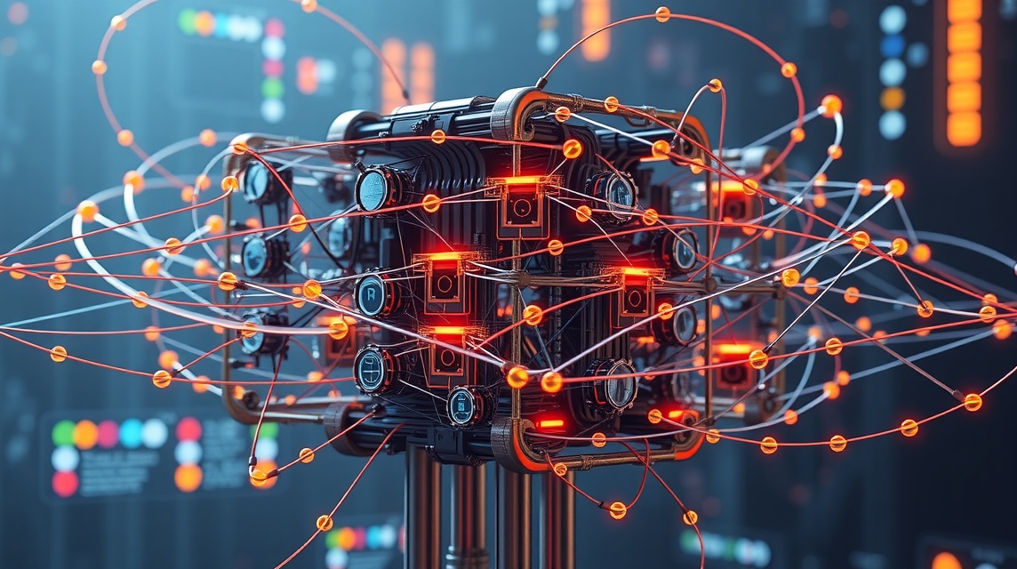 Zložitý technologický prístroj s prepojenými obvodmi a svetelnými efektmi.