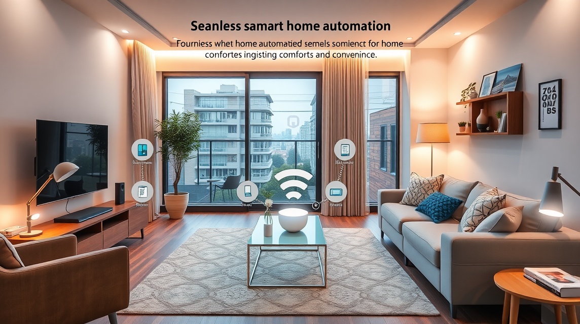 Moderný obývací priestor s inteligentnými technológiami a pohodlným nábytkom.