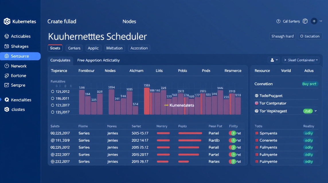 Zobrazenie rozhrania Kubernetes Scheduler s grafmi a tabuľkami údajov.