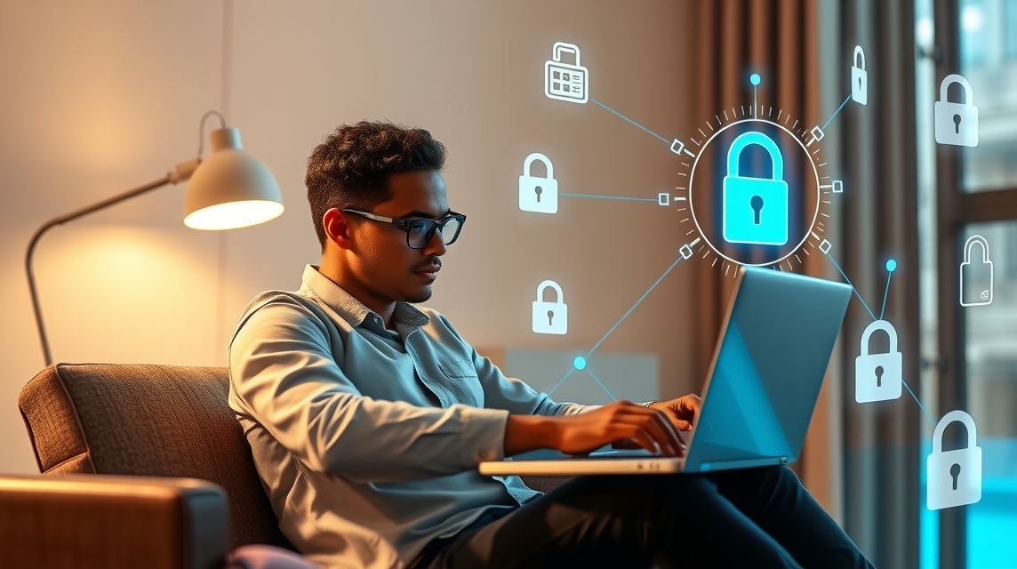 Mladý muž pracuje na laptopu, okolo neho ikony zámkov symbolizujúce kybernetickú bezpečnosť.