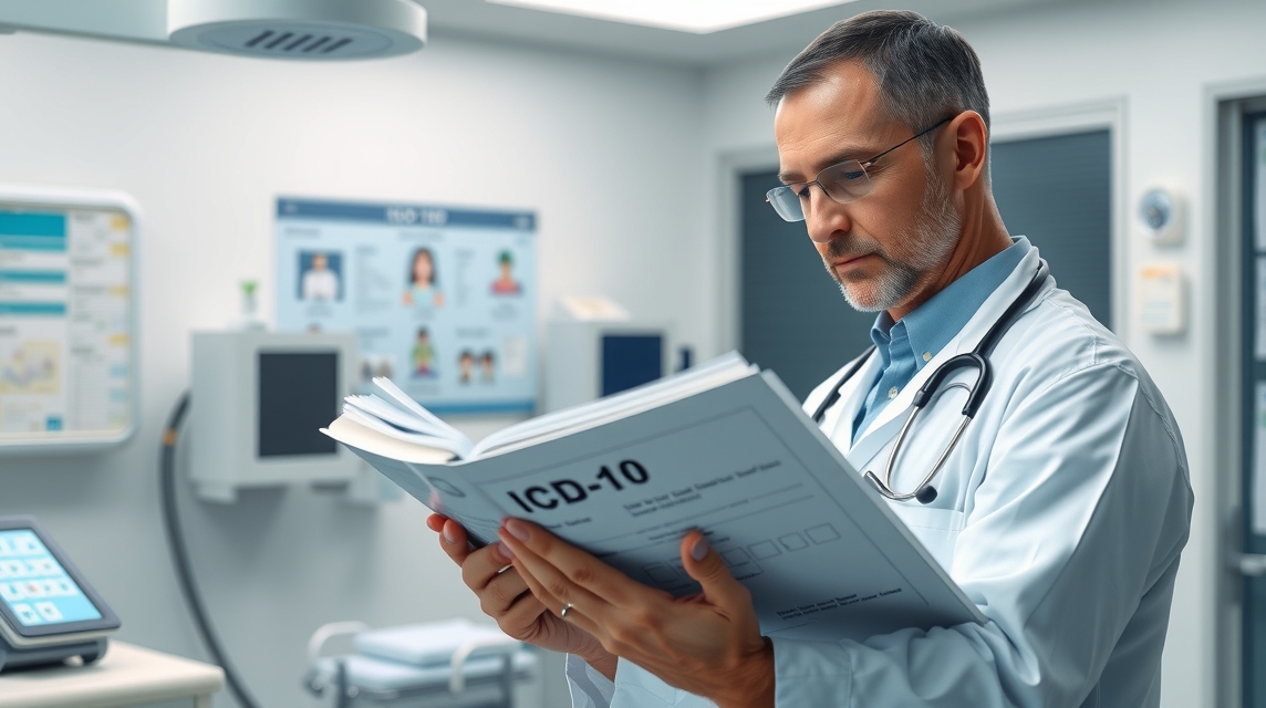 Lekár, ktorý číta knihu ICD-10 v modernej nemocničnej miestnosti.