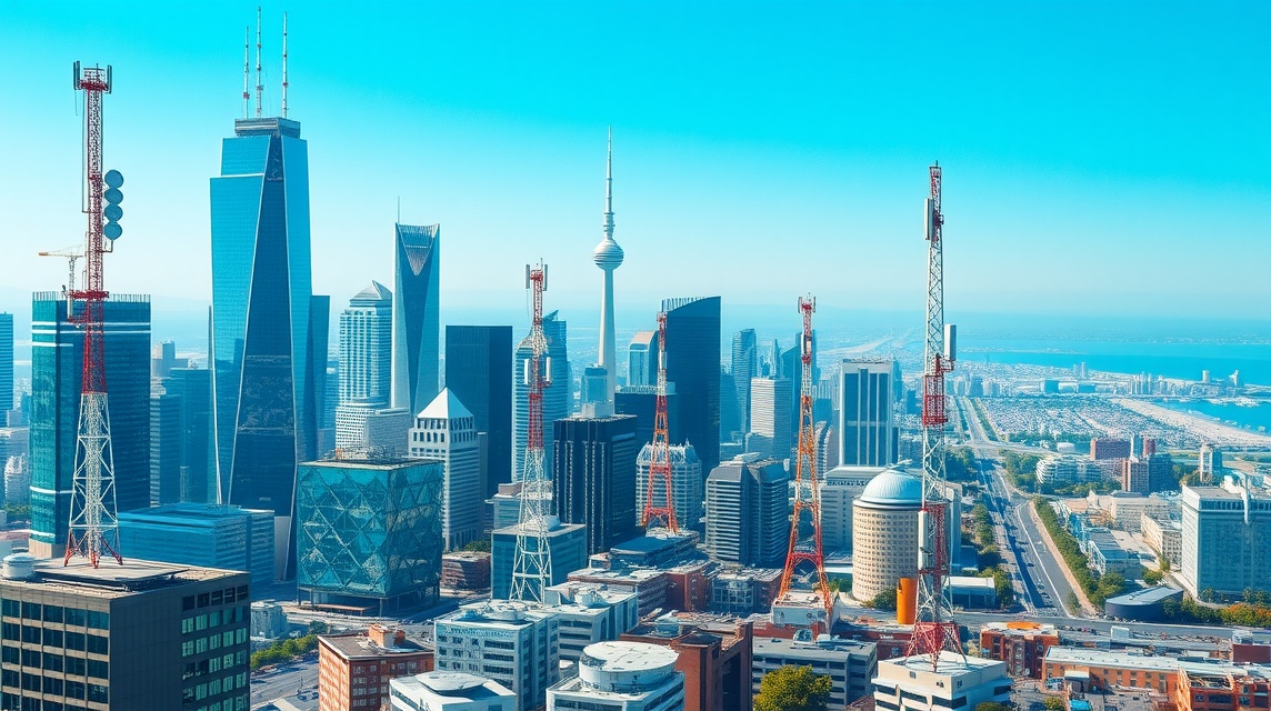 Pohľad na moderné mestské panorámy s telekomunikačnými vežami a mrakodrapmi.