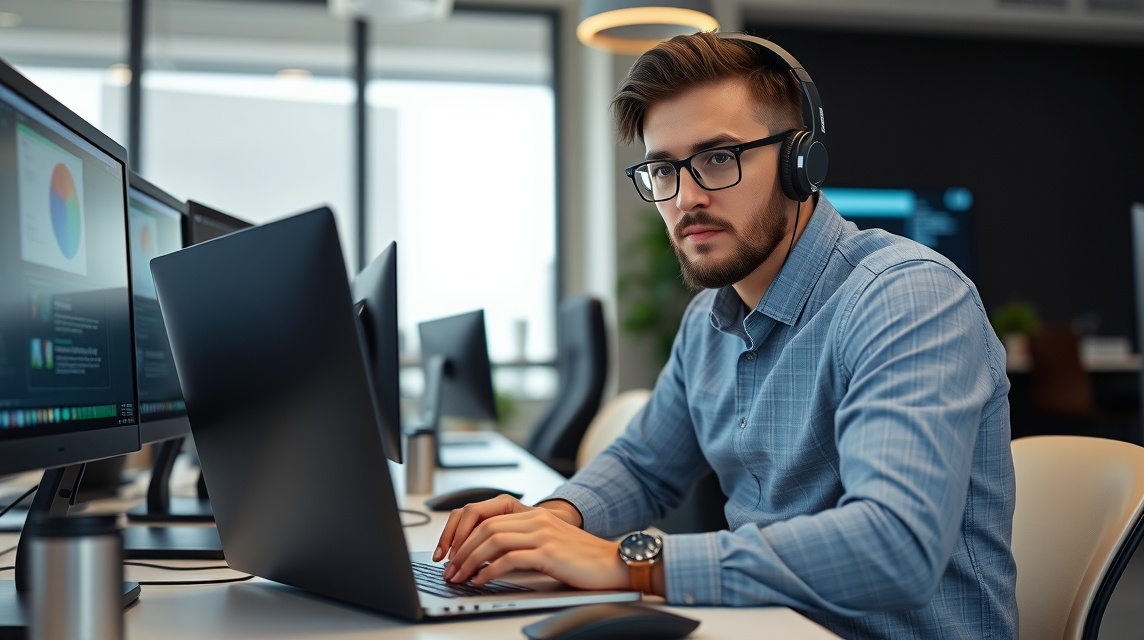 Mladý muž s slúchadlami pracuje na počítači v modernom kancelárskom prostredí.
