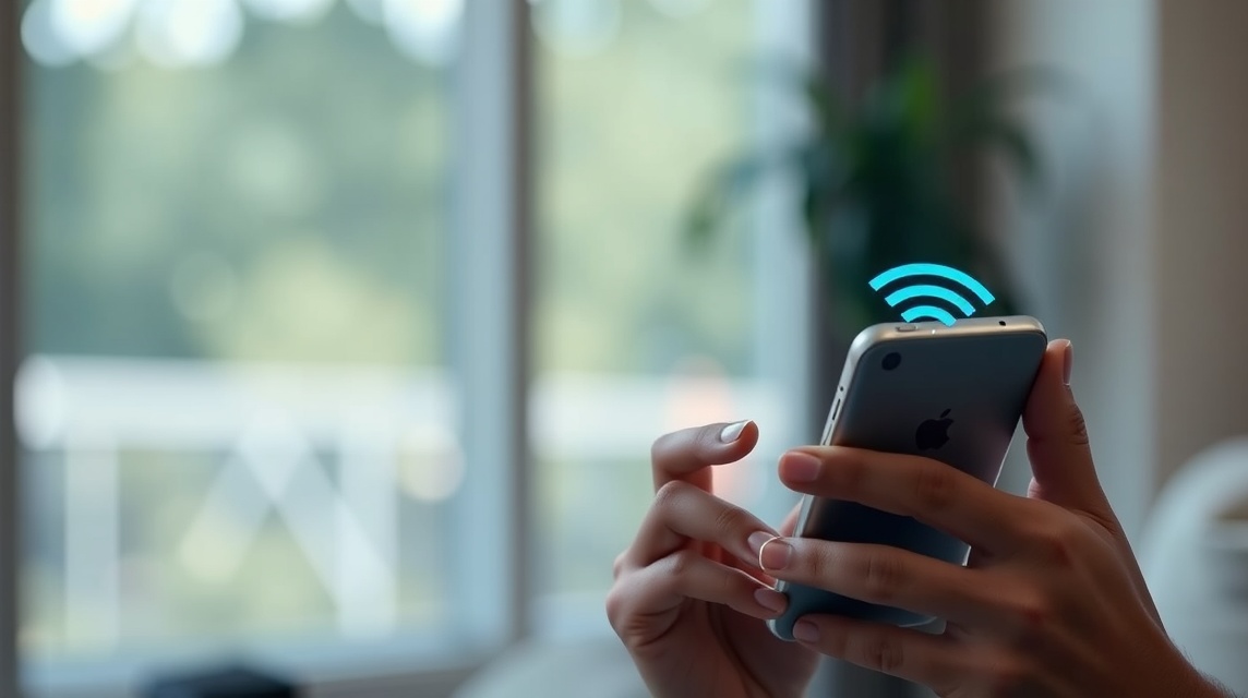 Žena drží mobilný telefón s ikonou Wi-Fi v interiéri.