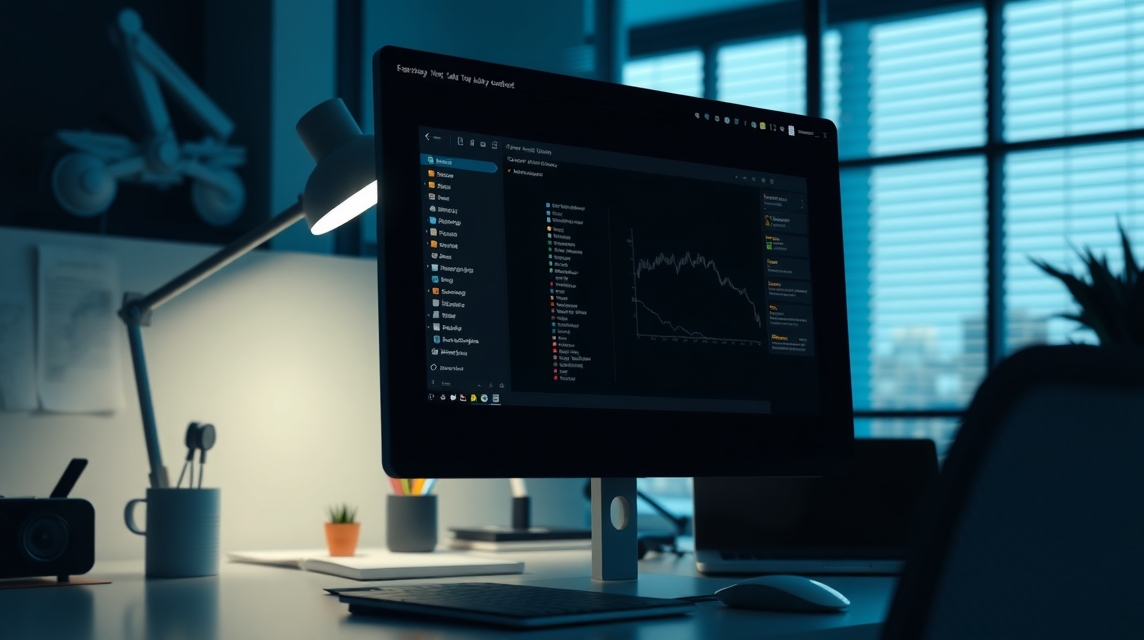 Na stole je počítač s grafom a súbormi otvorenými na obrazovke.