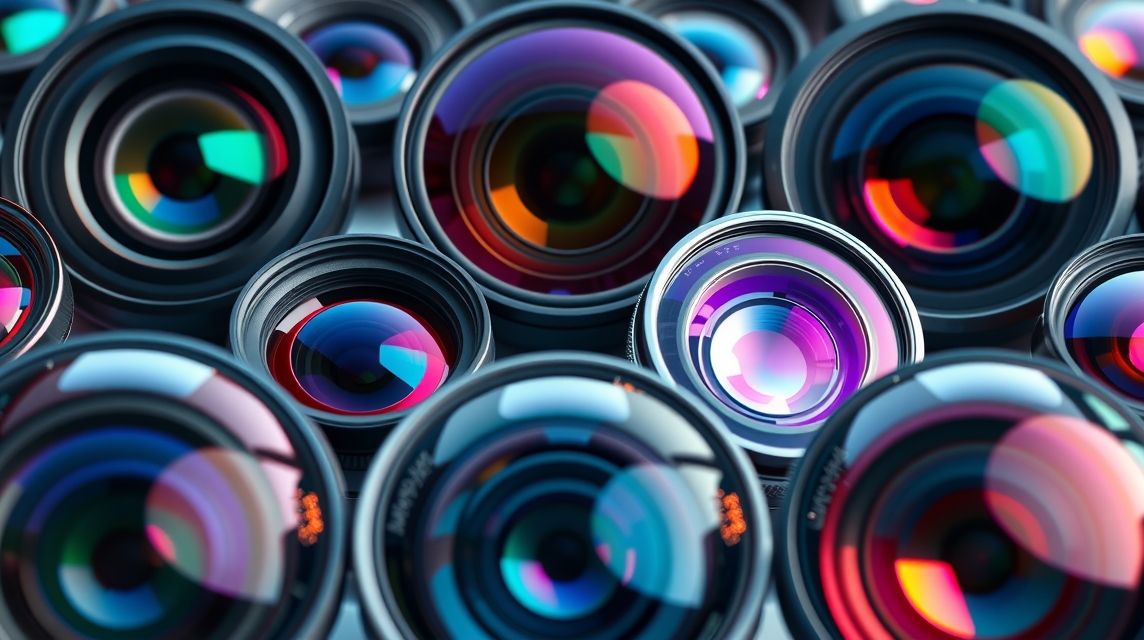 Rôzne objektívy fotoaparátov s farebnými sklenými šošovkami.