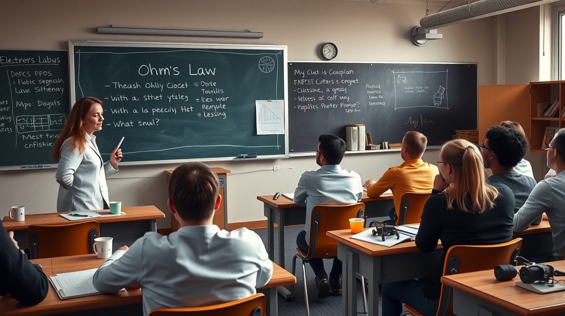 Učiteľka vysvetľuje Ohmov zákon pred triedou študentov.