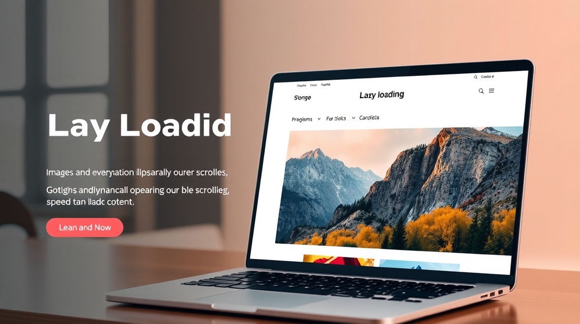 Na obrazovke laptopu je zobrazená webová stránka s témou lazy loading.
