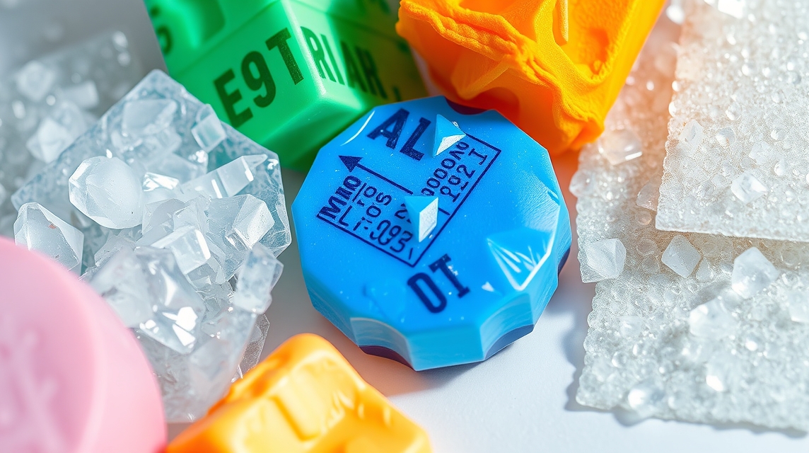 Modrý plastový uzáver s nápisom AL a rôzne farebné plastové formy a kryštály.