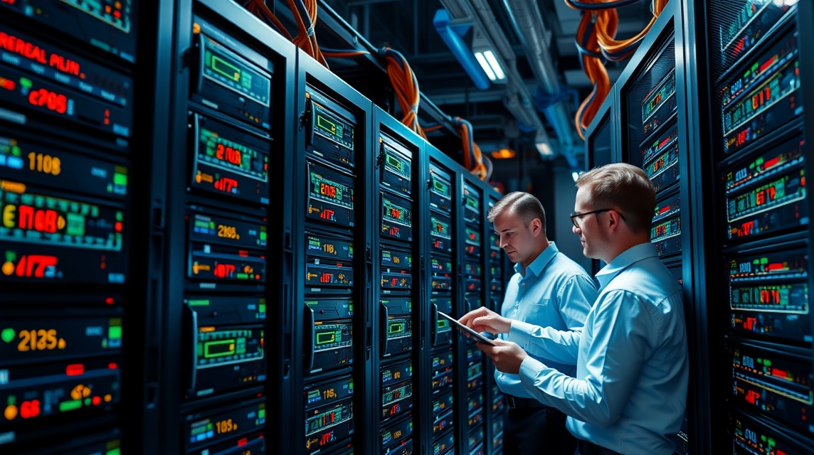 Dva muži v košeliach kontrolujú servery v modernom dátovom centre.