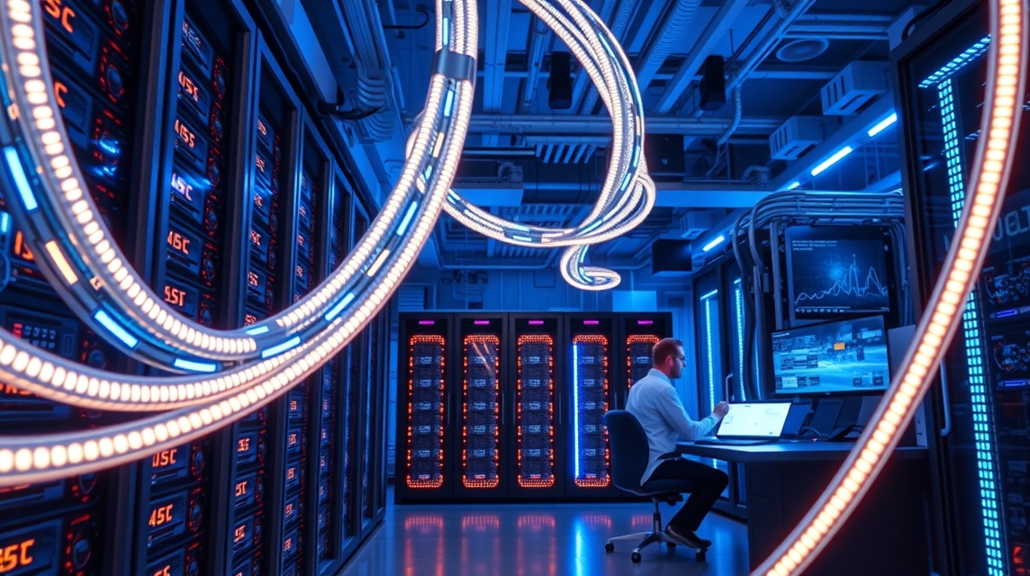 Muž pracuje za počítačom v modernom dátovom centre s osvetlením.