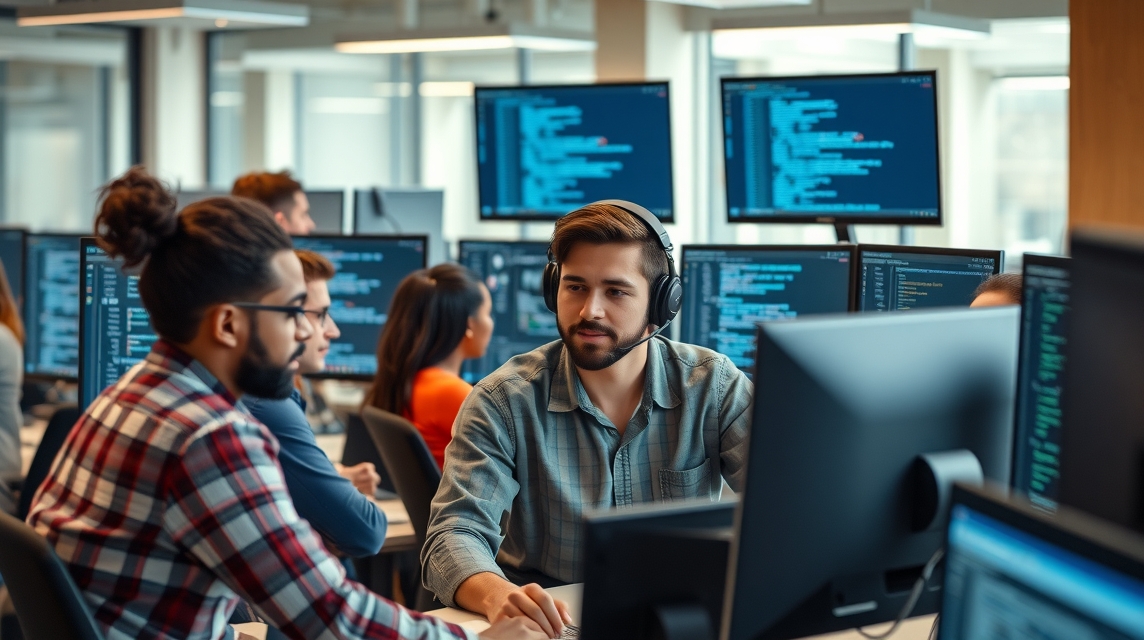 Mladý muž s headsetom pracuje na počítači v modernom kancelárskom prostredí.