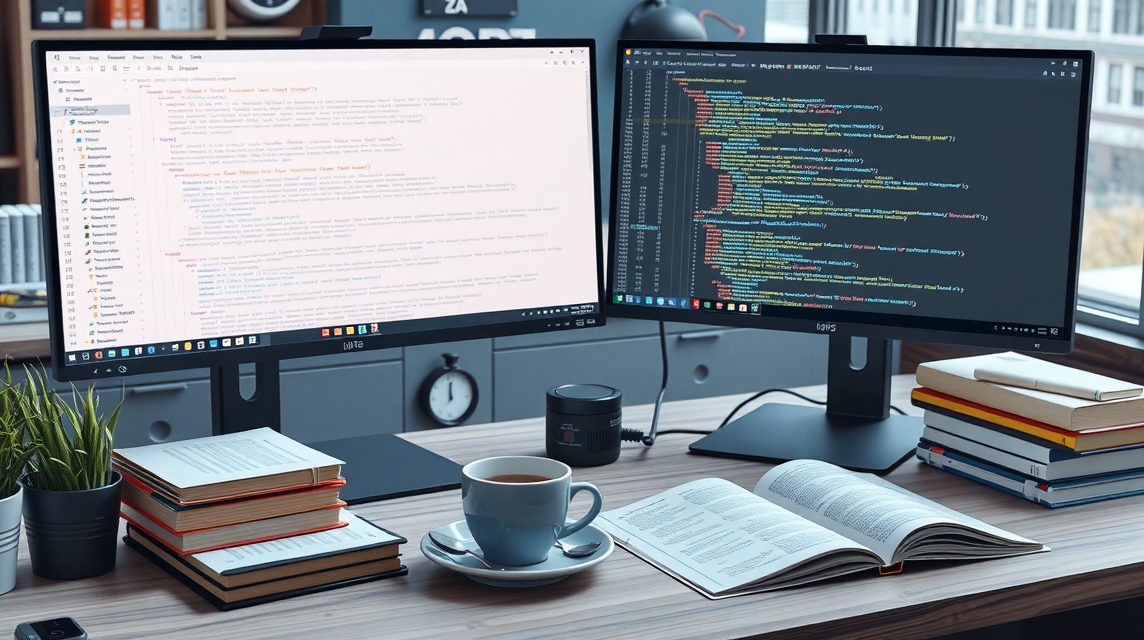 Dva monitory, jeden kód s textom, druhý s programovacím jazykom, vedľa knihy a šálky kávy.
