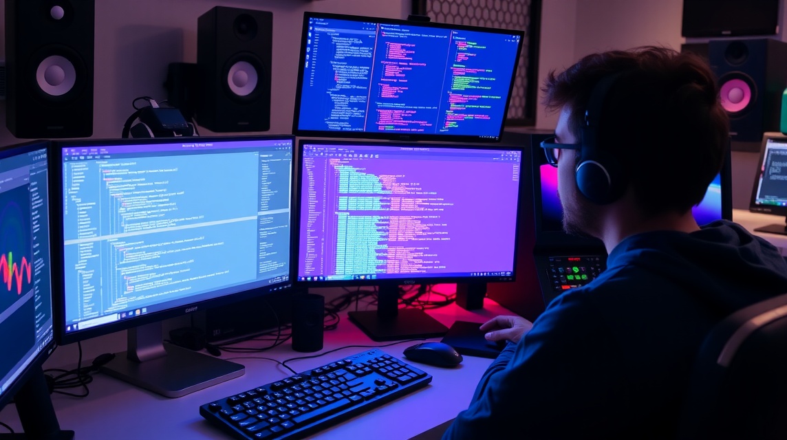 Muž pracuje na programovaní s viacerými monitormi, kód a grafy sú viditeľné.