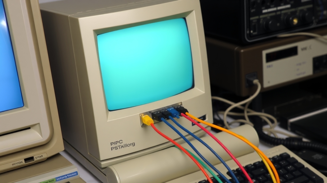 Starý počítač s modrým displejom a pripojenými káblami.