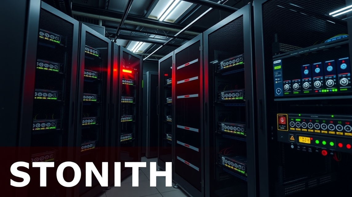 Moderný serverový priestor s čiernymi skriňami a blikajúcimi svetlami.