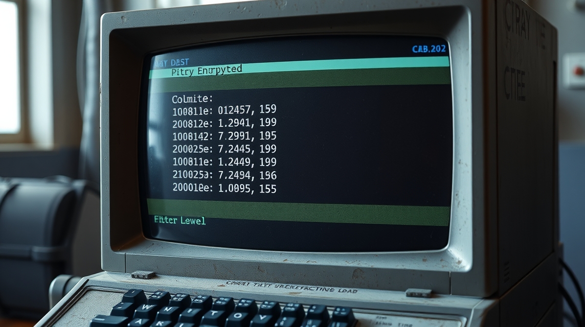 Starý počítač s obrazovkou zobrazujúcou šifrované údaje a príkazy.