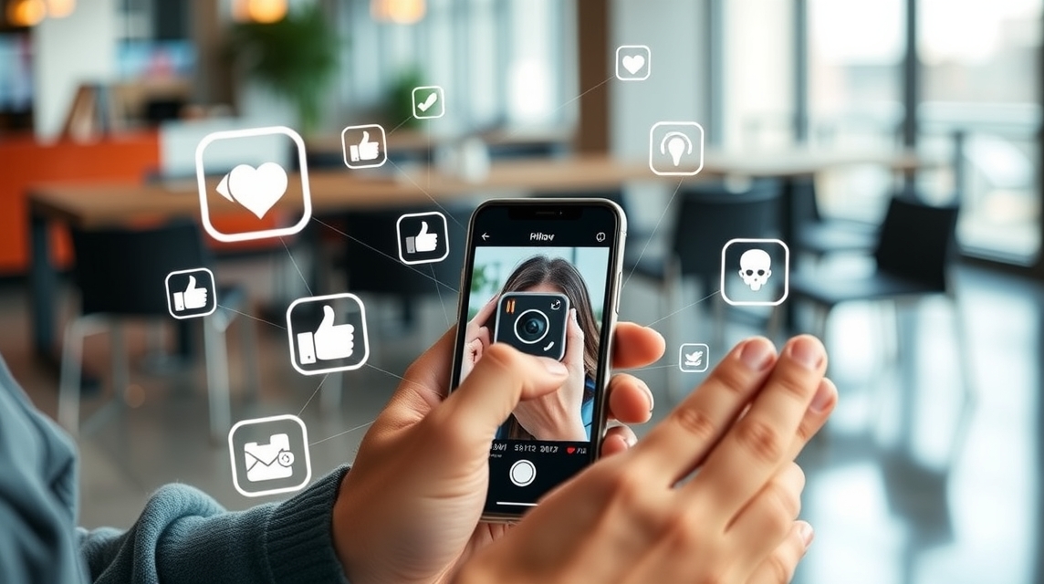 Osoba drží mobilný telefón a fotí sa, okolo sú ikony sociálnych médií.