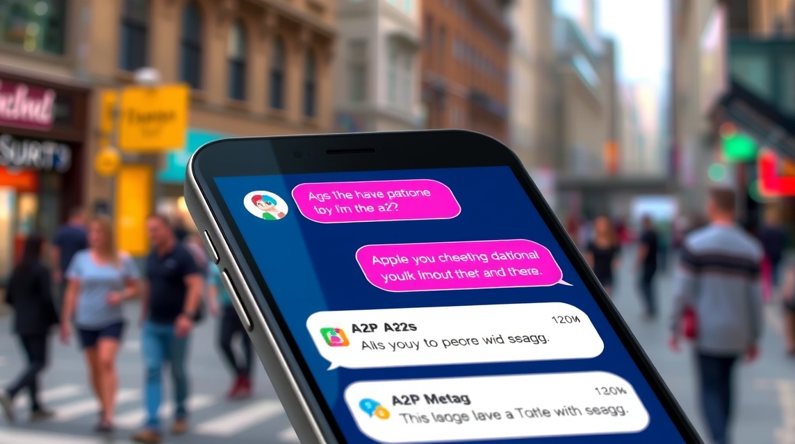 Mobilný telefón zobrazuje textové správy na rušnej ulici.