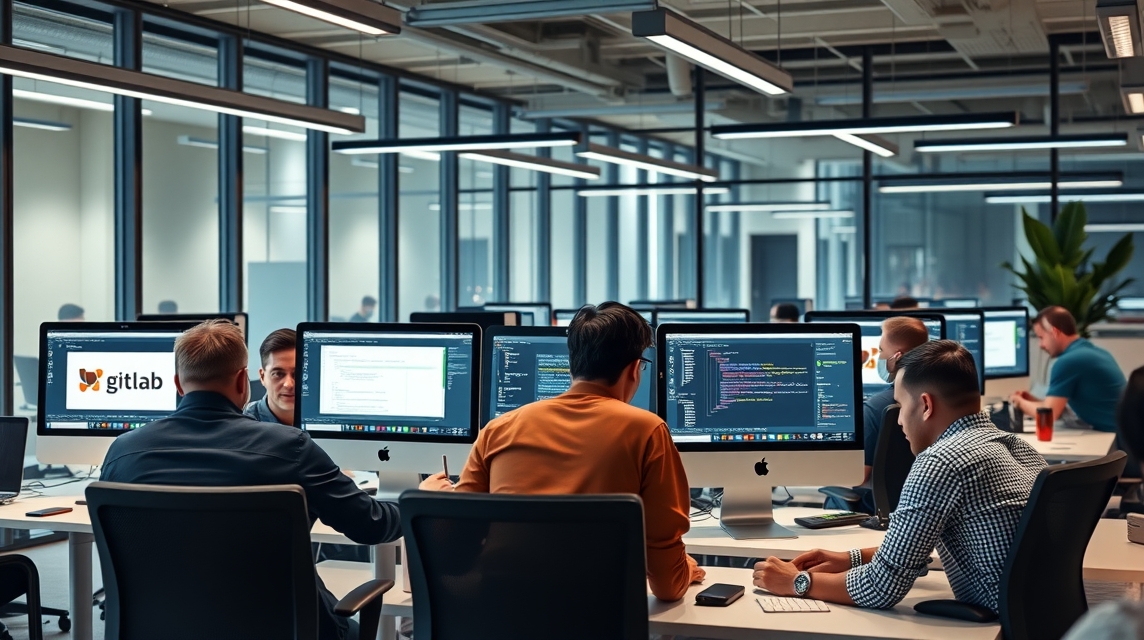 Skupina programátorov pracuje a diskutuje a modernom kancelárskom prostredí.