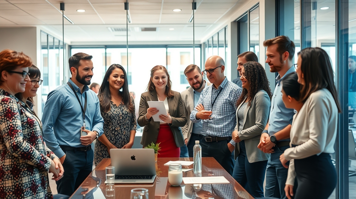 Skupina zamestnancov diskutuje a usmieva sa pri stole v kancelárii.