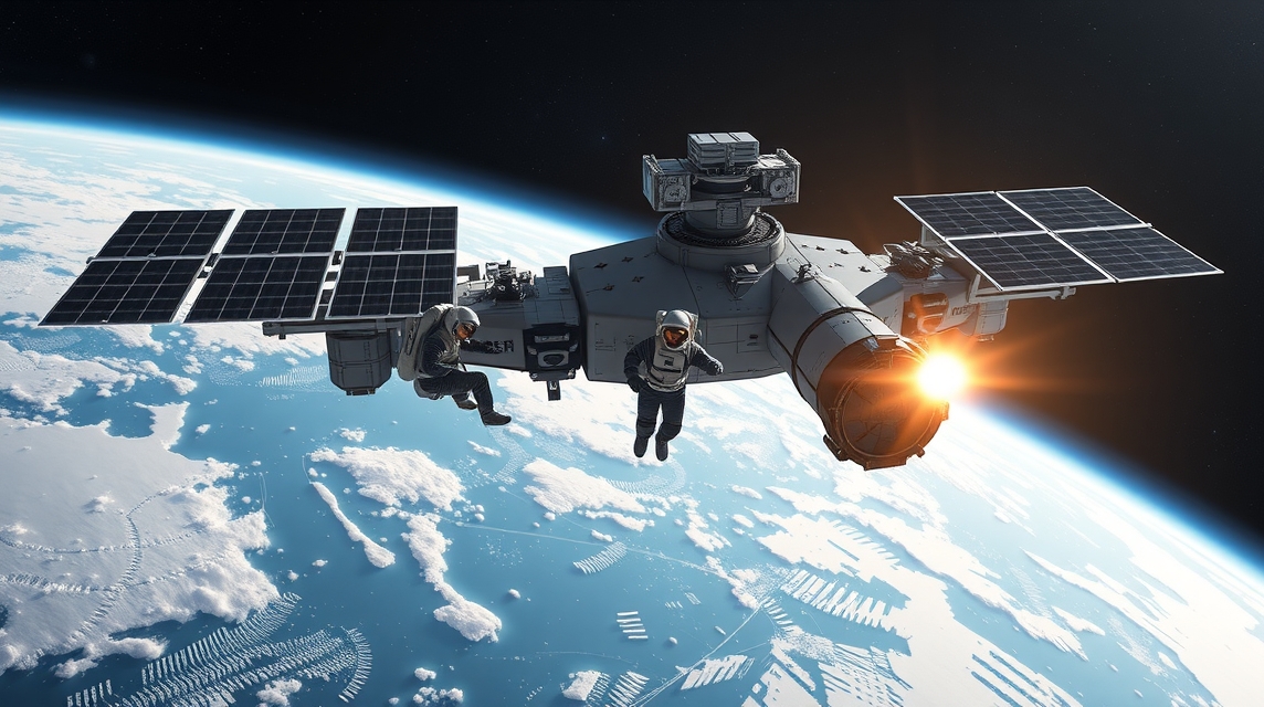 Astronauti pracujú na vesmírnej stanici s slnečnými panelmi a Zemou v pozadí.