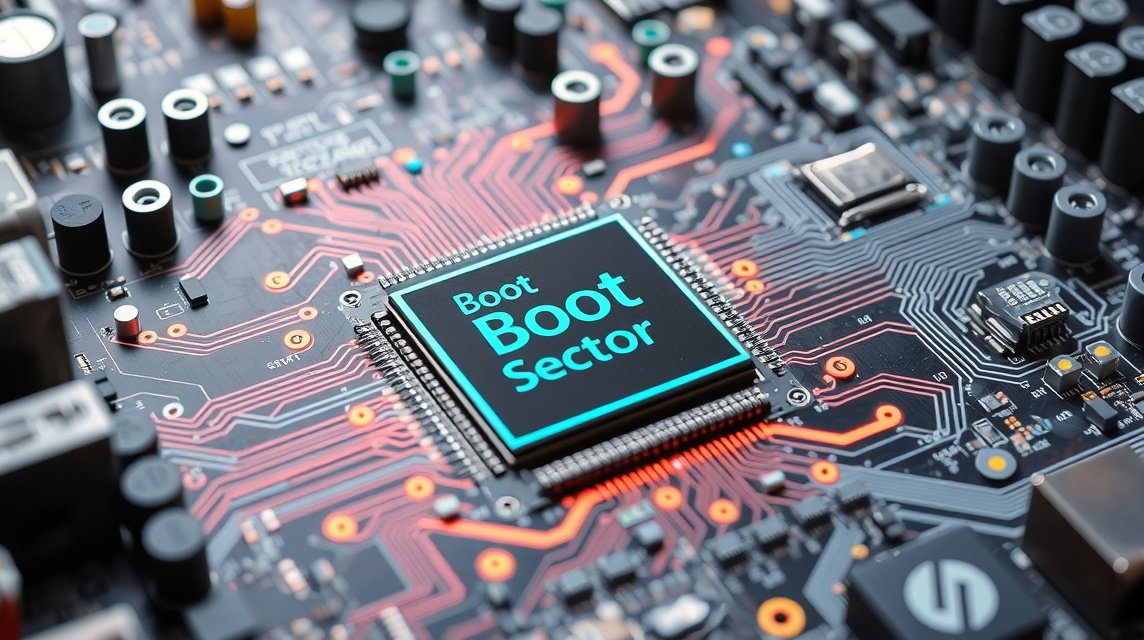 Detailný pohľad na základnú dosku s označením Boot Sector a obvodmi.