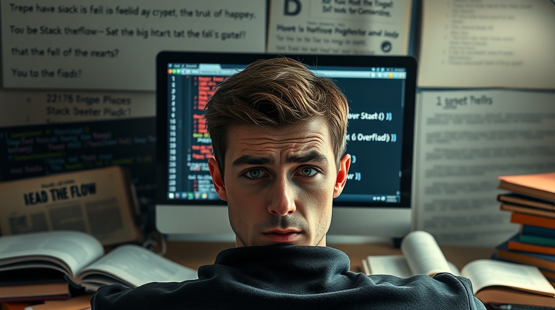 Mladý muž sedí pred počítačom s kódom na obrazovke a zamyslene sa pozerá.