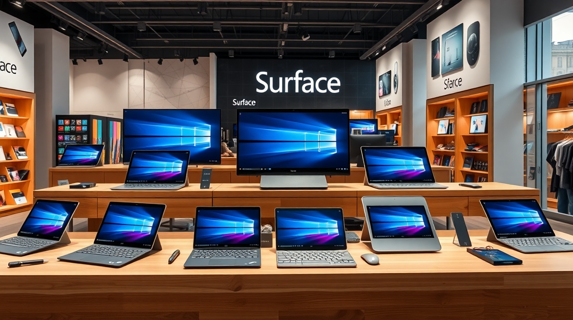 Moderná predajňa s rôznymi modelmi zariadení Surface na drevenom stole.