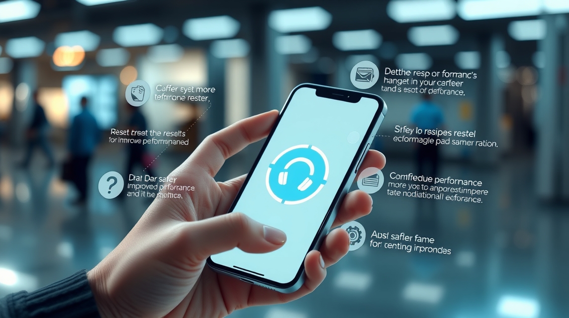 Ruka drží mobilný telefón so zobrazením slúchadiel a rôznych funkcií.