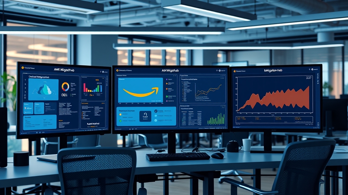 Tri monitory zobrazené v modernom kancelárskom prostredí s analytickými grafmi.