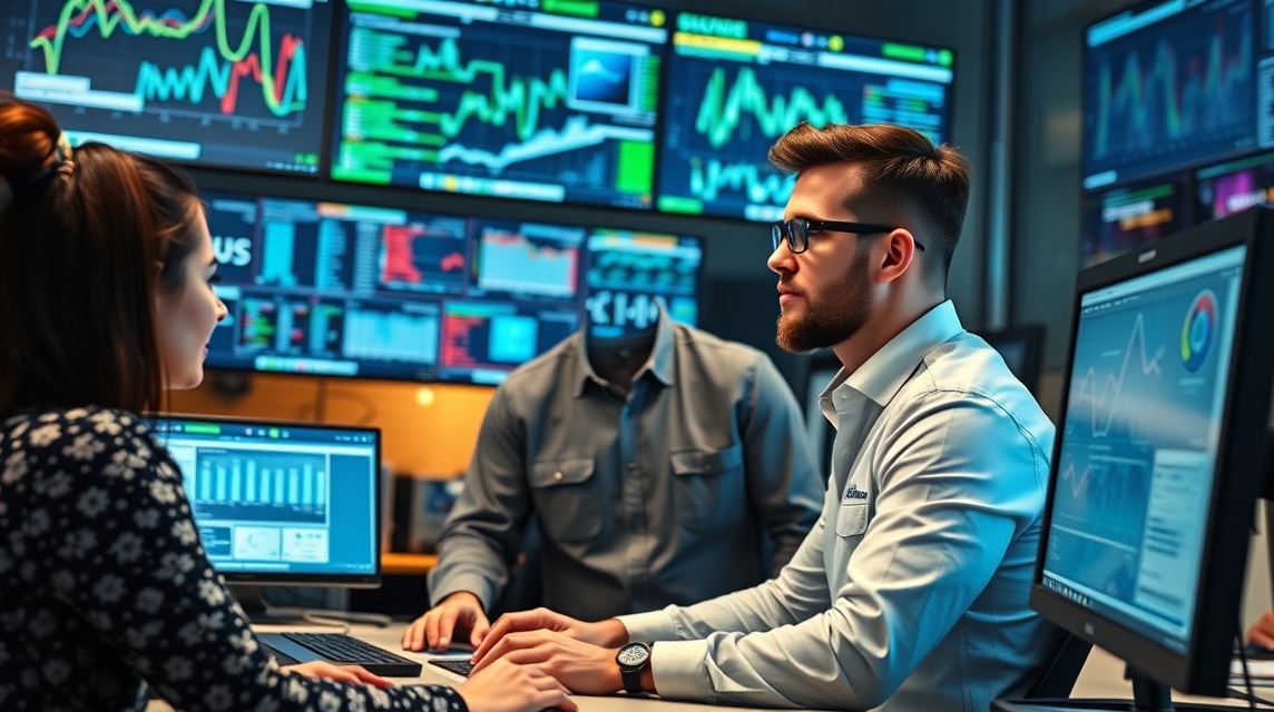 Dva profesionáli diskutujú o analýze dát pred obrazovkami s grafmi a štatistikami.