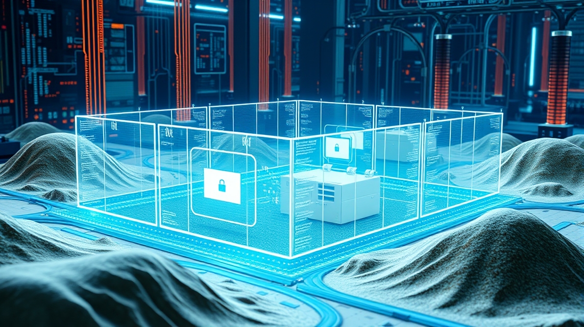 Moderná technológia zobrazená ako sklenená budova s počítačom a zámkom.