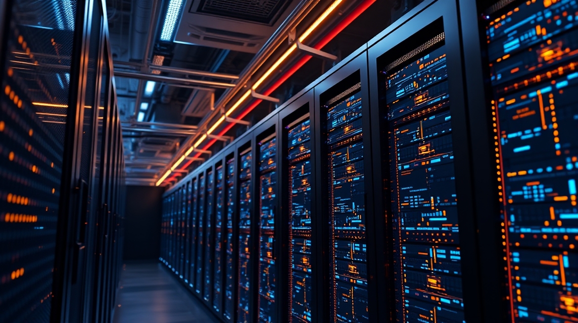 Moderné servery v dátovom centre s modrými a oranžovými svetlami.
