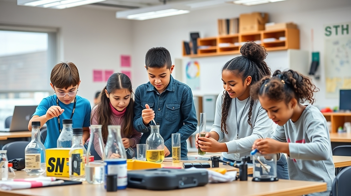 Skupina detí experimentuje s chemickými látkami v laboratóriu.