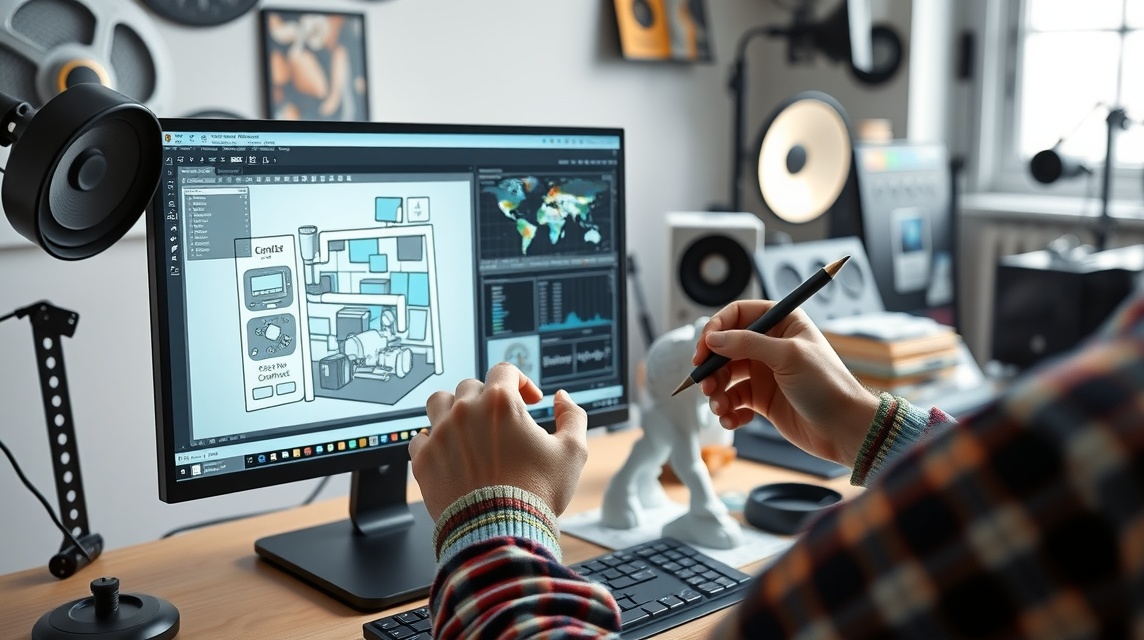 Osoba pracuje na počítači, digitálne kreslí technické schémy.