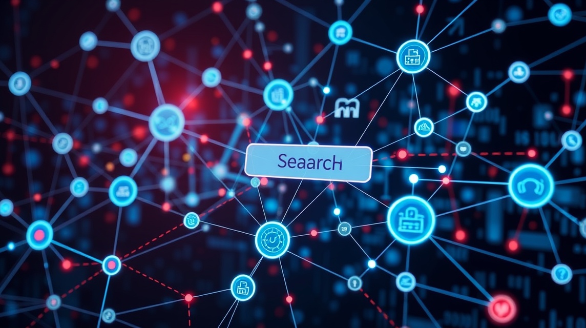 Grafická reprezentácia prepojení v digitálnom prostredí s nápisom 'Search'.