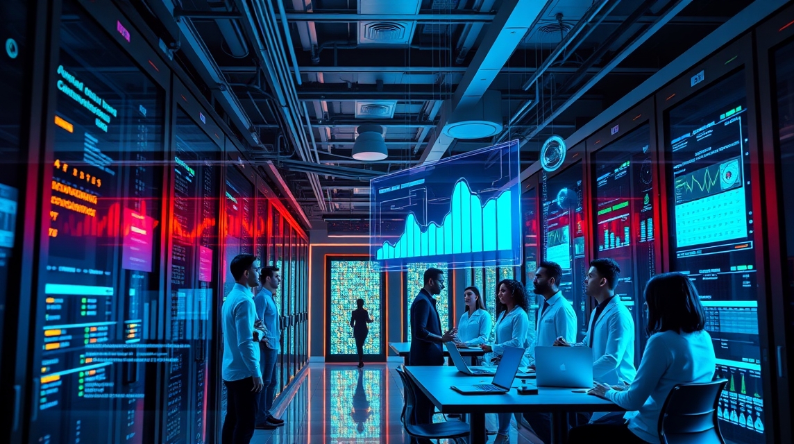 Skupina profesionálov diskutuje adatok a grafikonok előtt modern irodában.