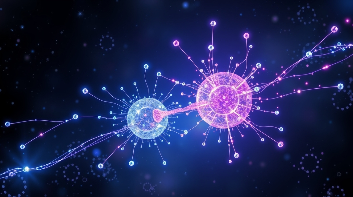 Abstraktná ilustrácia dvoch atómov spojených energetickými väzbami.