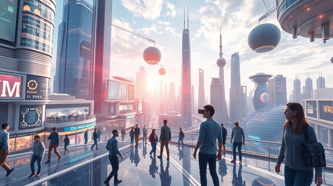 Moderná mestská krajina s futuristickými budovami a ľuďmi na ulici.